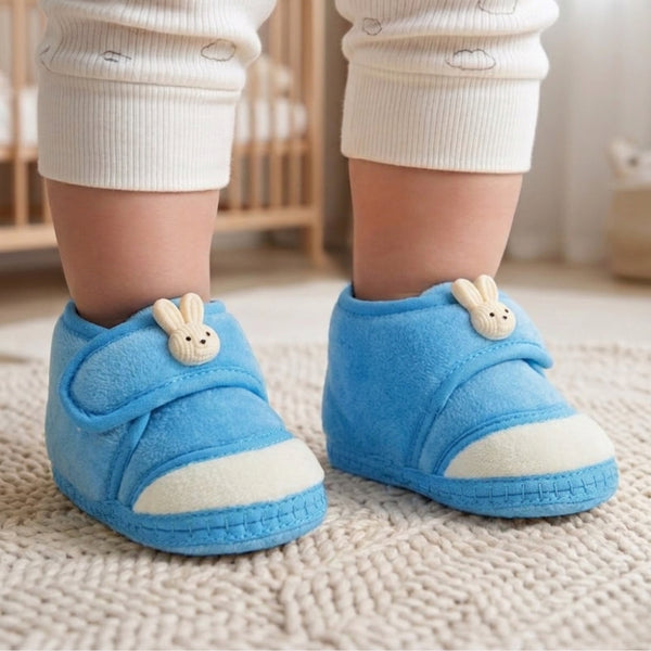 Baby Unisex Velboa Rabbit Face Blue,White Velcro Shoe Booties-BT5614