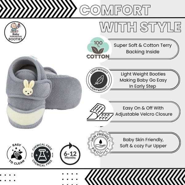 Baby Unisex Velboa Rabbit Face Grey,White Velcro Shoe Booties-BT5615