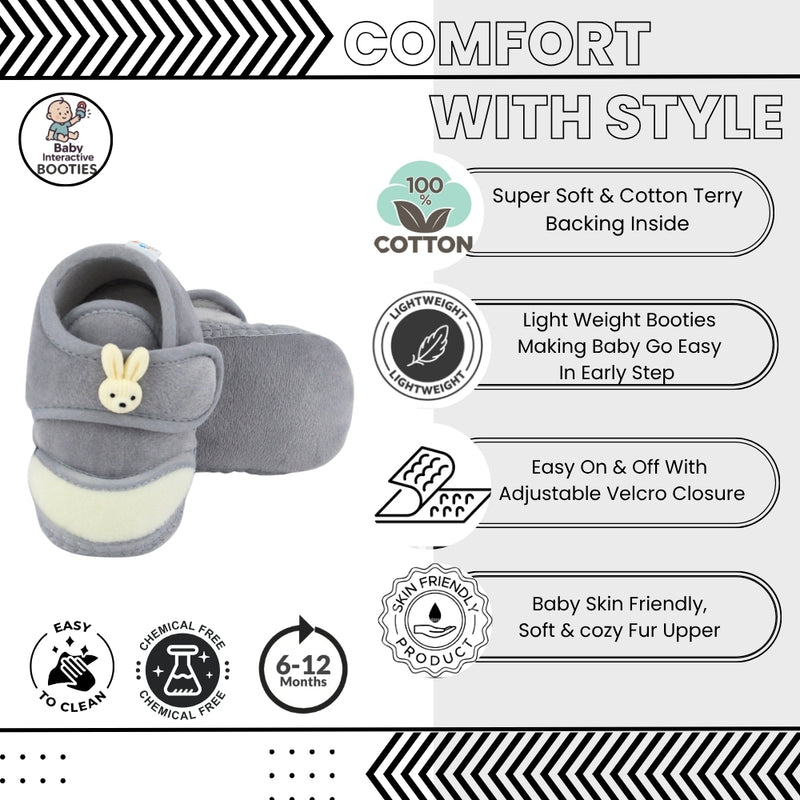 Baby Unisex Velboa Rabbit Face Grey,White Velcro Shoe Booties-BT5615