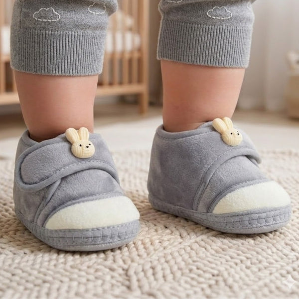 Baby Unisex Velboa Rabbit Face Grey,White Velcro Shoe Booties-BT5615