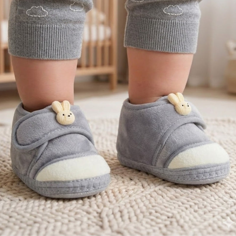 Baby Unisex Velboa Rabbit Face Grey,White Velcro Shoe Booties-BT5615