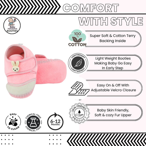 Baby Unisex Velboa Rabbit Face Pink,White Velcro Shoe Booties-BT5616
