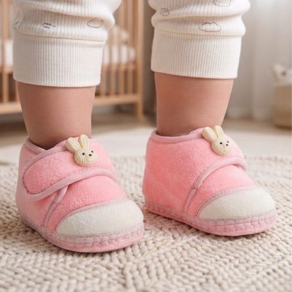 Baby Unisex Velboa Rabbit Face Pink,White Velcro Shoe Booties-BT5616