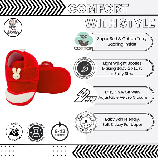 Baby Unisex Velboa Rabbit Face Red,White Velcro Shoe Booties-BT5617