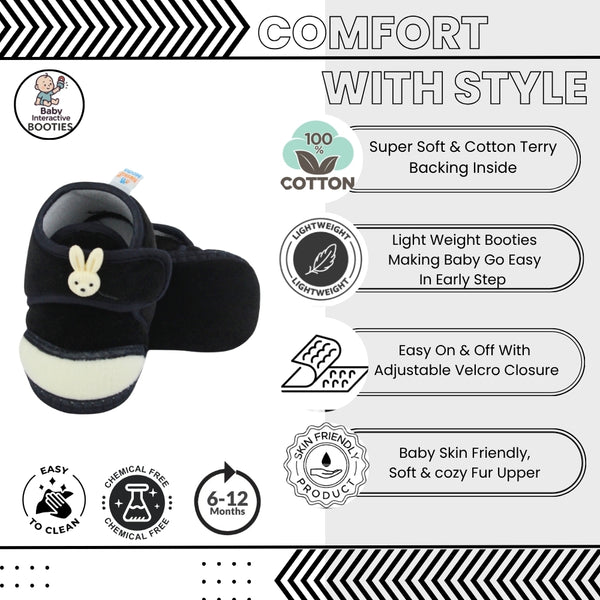 Baby Unisex Velboa Rabbit Face Black,White Velcro Shoe Booties-BT5618