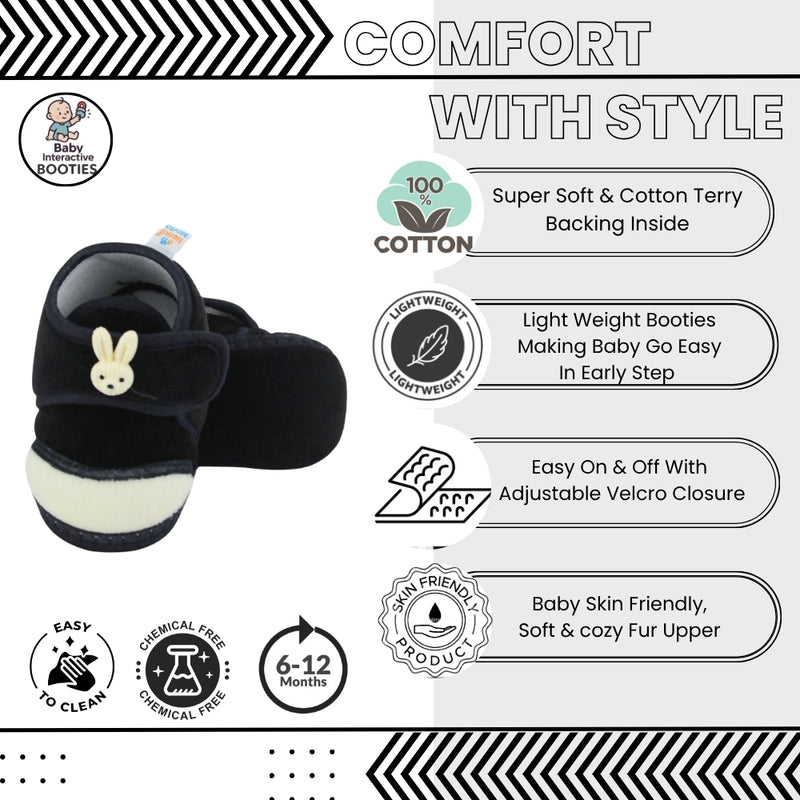 Baby Unisex Velboa Rabbit Face Black,White Velcro Shoe Booties-BT5618