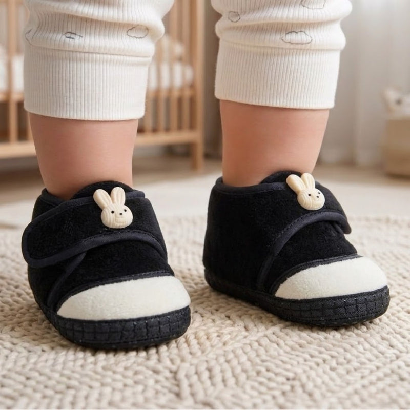 Baby Unisex Velboa Rabbit Face Black,White Velcro Shoe Booties-BT5618