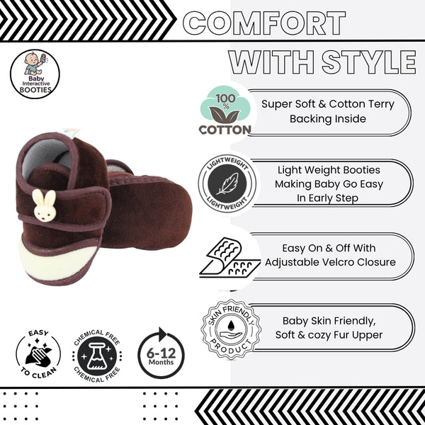 Baby Unisex Velboa Rabbit Face Brown,White Velcro Shoe Booties-BT5619