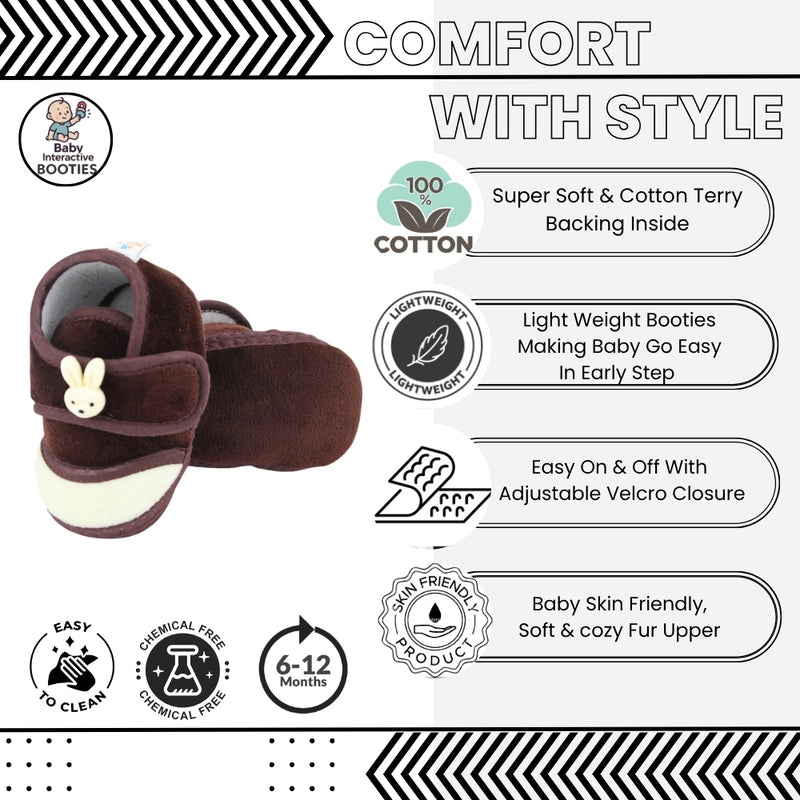 Baby Unisex Velboa Rabbit Face Brown,White Velcro Shoe Booties-BT5619