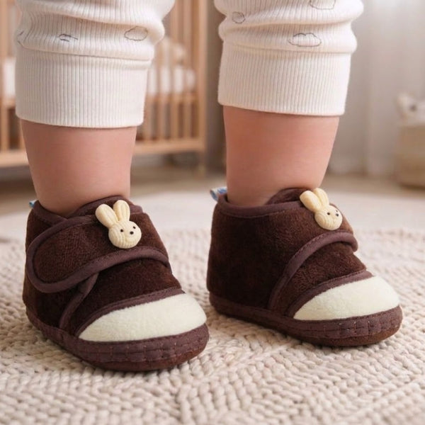 Baby Unisex Velboa Rabbit Face Brown,White Velcro Shoe Booties-BT5619