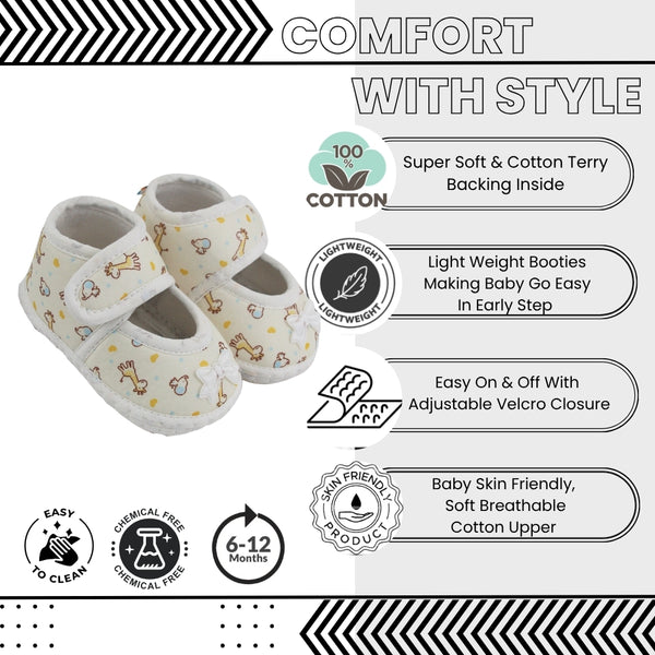 Baby Girls Giraffe Printed Soft Cotton Bow Yellow,White Velcro Belly Booties-BT5620