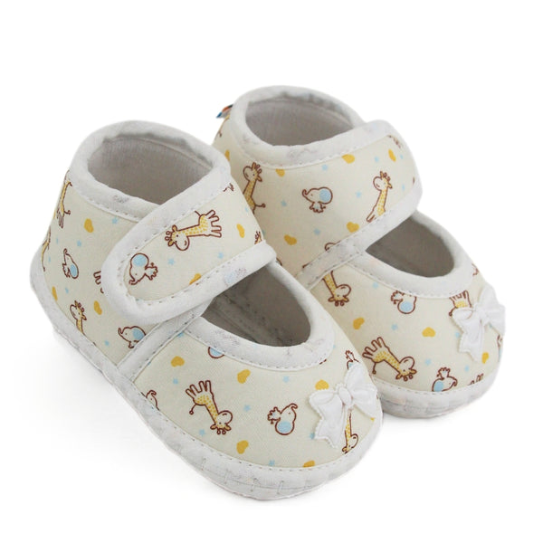 Baby Girls Giraffe Printed Soft Cotton Bow Yellow,White Velcro Belly Booties-BT5620