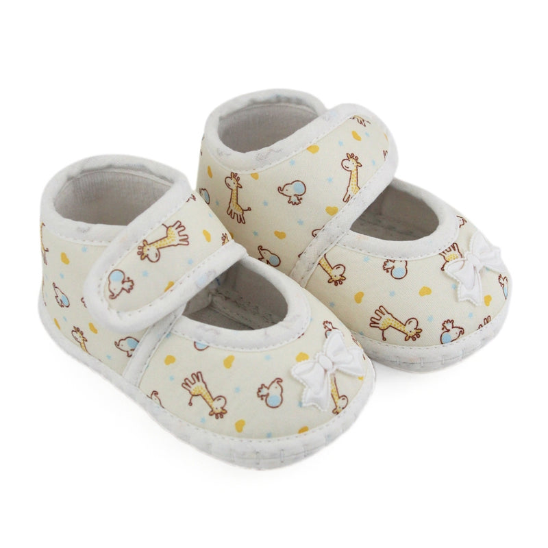 Baby Girls Giraffe Printed Soft Cotton Bow Yellow,White Velcro Belly Booties-BT5620