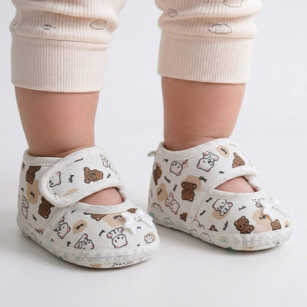 Baby Girls Giraffe Printed Soft Cotton Bow Brown,White Velcro Belly Booties-BT5624