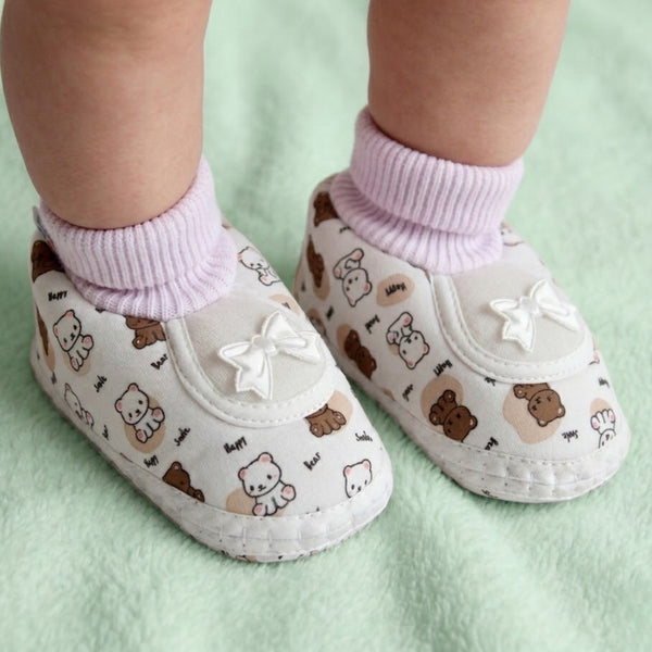 Baby Unisex Teddy Printed Cotton Bow Pre-Walker Brown,White Slip-on Shoe Booties-BT5625