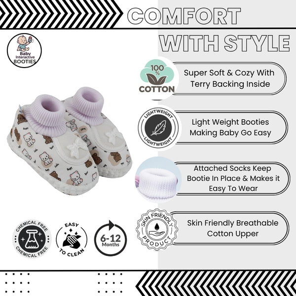 Baby Unisex Teddy Printed Cotton Bow Pre-Walker Brown,White Slip-on Shoe Booties-BT5625