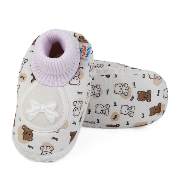 Baby Unisex Teddy Printed Cotton Bow Pre-Walker Brown,White Slip-on Shoe Booties-BT5625