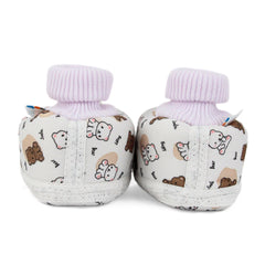 Baby Unisex Teddy Printed Cotton Bow Pre-Walker Brown,White Slip-on Shoe Booties-BT5625