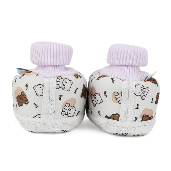 Baby Unisex Teddy Printed Cotton Bow Pre-Walker Brown,White Slip-on Shoe Booties-BT5625