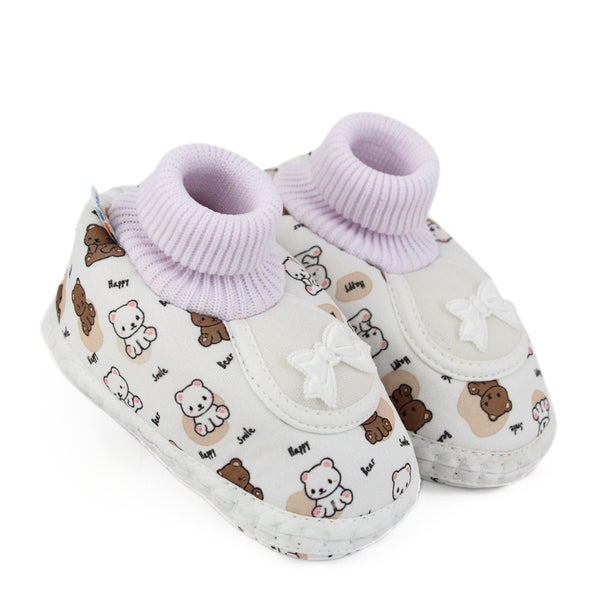 Baby Unisex Teddy Printed Cotton Bow Pre-Walker Brown,White Slip-on Shoe Booties-BT5625