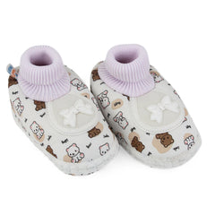 Baby Unisex Teddy Printed Cotton Bow Pre-Walker Brown,White Slip-on Shoe Booties-BT5625
