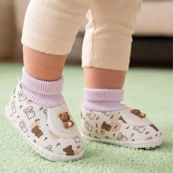 Baby Unisex Teddy Printed Cotton Bow Pre-Walker Brown,White Slip-on Shoe Booties-BT5626