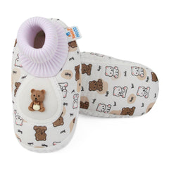 Baby Unisex Teddy Printed Cotton Bow Pre-Walker Brown,White Slip-on Shoe Booties-BT5626
