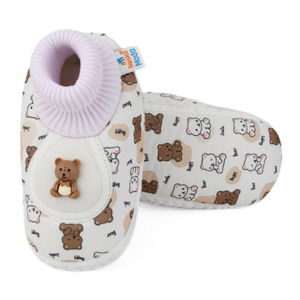 Baby Unisex Teddy Printed Cotton Bow Pre-Walker Brown,White Slip-on Shoe Booties-BT5626