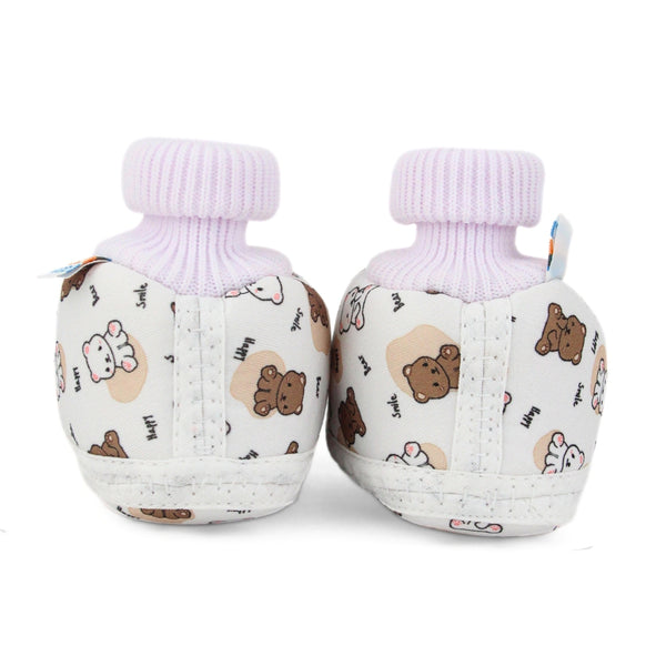 Baby Unisex Teddy Printed Cotton Bow Pre-Walker Brown,White Slip-on Shoe Booties-BT5626