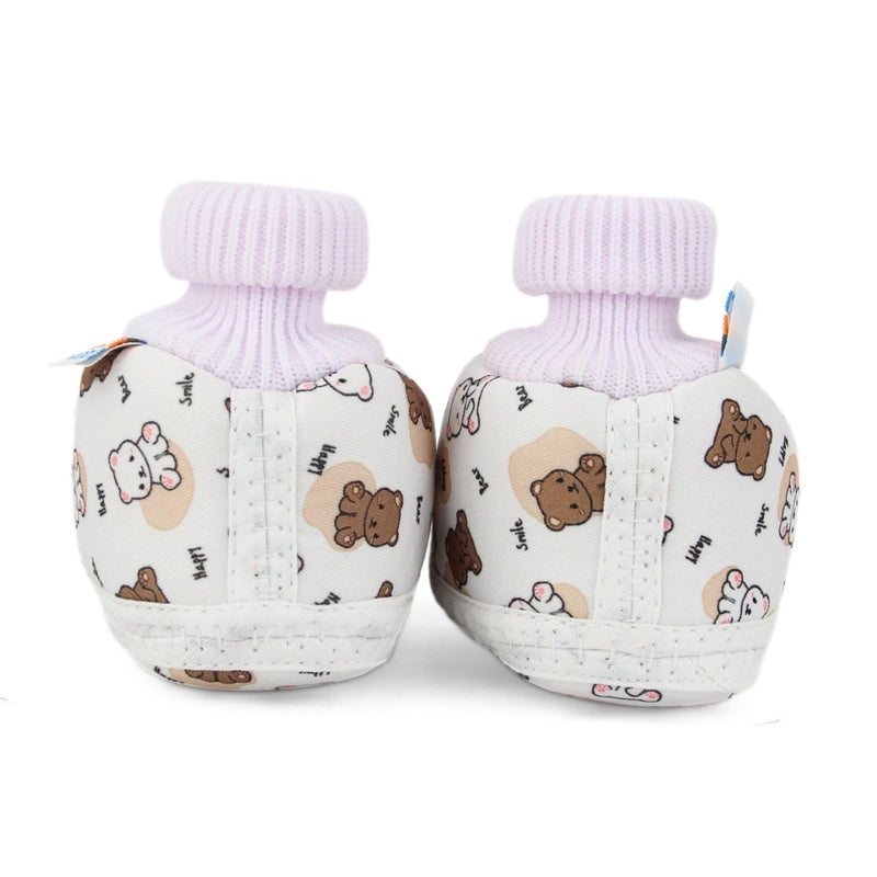 Baby Unisex Teddy Printed Cotton Bow Pre-Walker Brown,White Slip-on Shoe Booties-BT5626