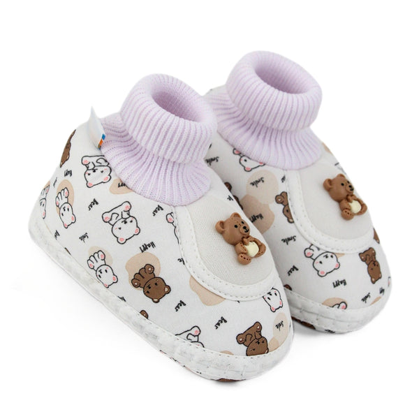 Baby Unisex Teddy Printed Cotton Bow Pre-Walker Brown,White Slip-on Shoe Booties-BT5626