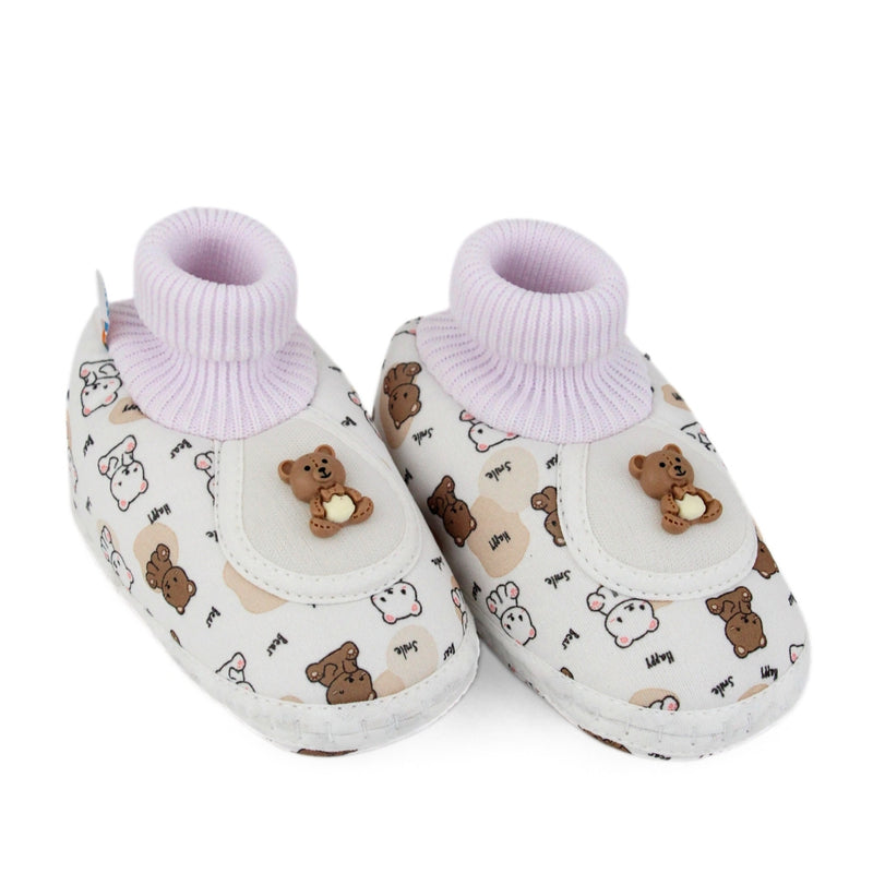 Baby Unisex Teddy Printed Cotton Bow Pre-Walker Brown,White Slip-on Shoe Booties-BT5626
