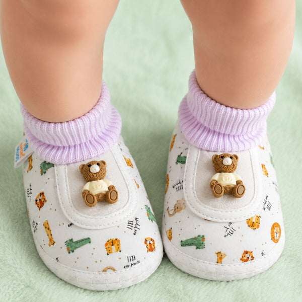 Baby Unisex Teddy Printed Cotton Bow Pre-Walker Orange,Green Slip-on Shoe Booties-BT5627