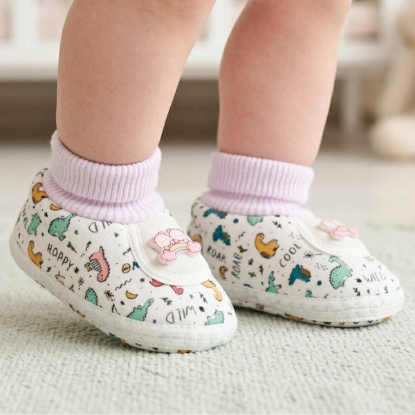 Baby Unisex Teddy Printed Cotton Bow Pre-Walker Green,Pink Slip-on Shoe Booties-BT5628