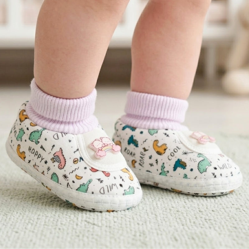 Baby Unisex Teddy Printed Cotton Bow Pre-Walker Green,Pink Slip-on Shoe Booties-BT5628