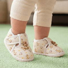 Baby Unisex Giraffe Printed Soft Cotton Rabbit Face Yellow,White Velcro Shoe Booties-BT5629