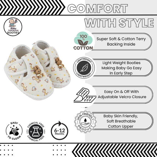 Baby Unisex Giraffe Printed Soft Cotton Rabbit Face Yellow,White Velcro Shoe Booties-BT5629