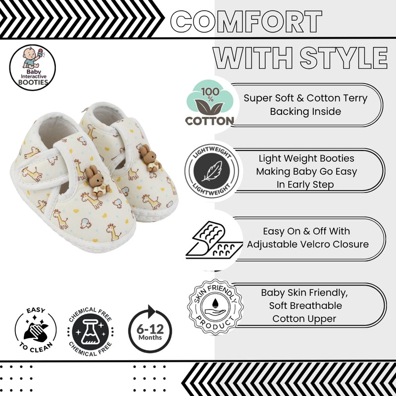 Baby Unisex Giraffe Printed Soft Cotton Rabbit Face Yellow,White Velcro Shoe Booties-BT5629