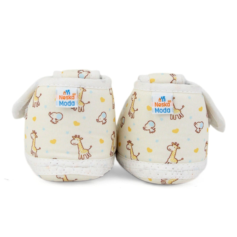 Baby Unisex Giraffe Printed Soft Cotton Rabbit Face Yellow,White Velcro Shoe Booties-BT5629