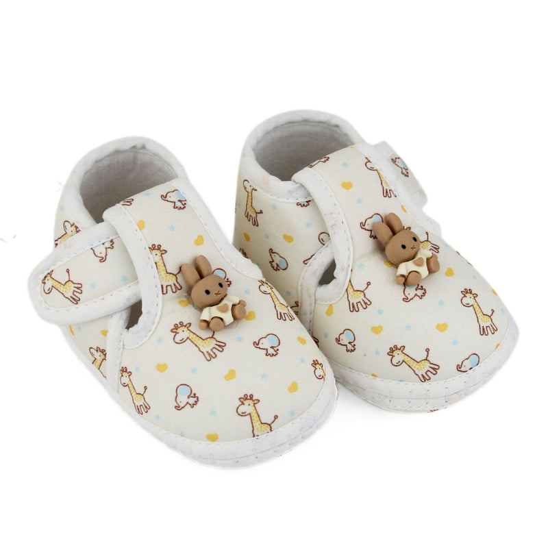 Baby Unisex Giraffe Printed Soft Cotton Rabbit Face Yellow,White Velcro Shoe Booties-BT5629