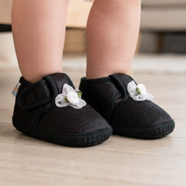 Baby Girls Skin-friendly Satin Floral Black Velcro Shoe Booties-BT5631
