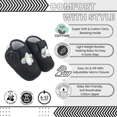 Baby Girls Skin-friendly Satin Floral Black Velcro Shoe Booties-BT5631