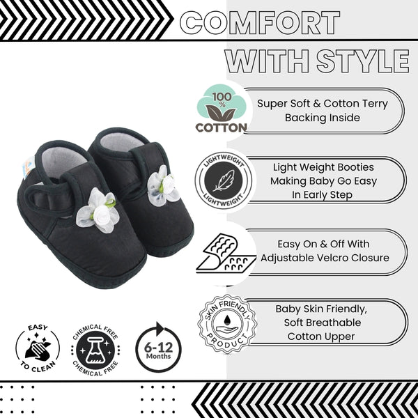 Baby Girls Skin-friendly Satin Floral Black Velcro Shoe Booties-BT5631