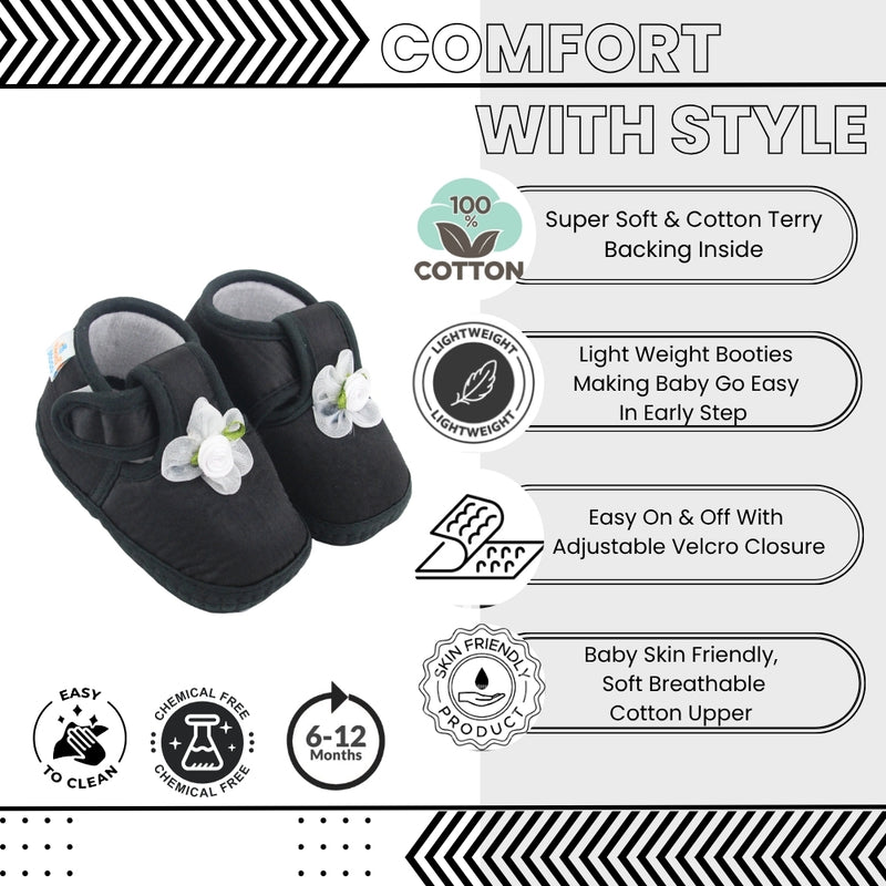 Baby Girls Skin-friendly Satin Floral Black Velcro Shoe Booties-BT5631