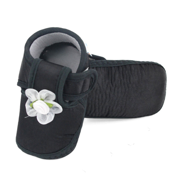 Baby Girls Skin-friendly Satin Floral Black Velcro Shoe Booties-BT5631