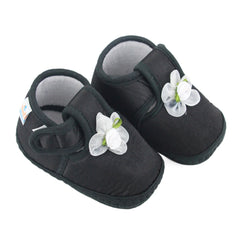 Baby Girls Skin-friendly Satin Floral Black Velcro Shoe Booties-BT5631