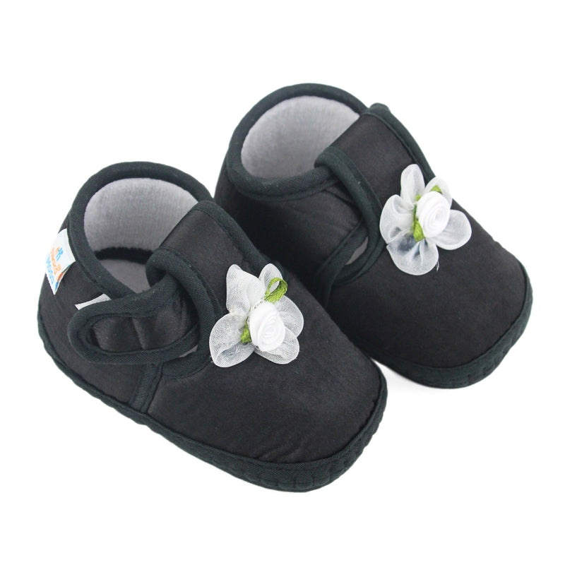 Baby Girls Skin-friendly Satin Floral Black Velcro Shoe Booties-BT5631