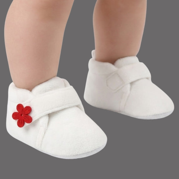 Baby Unisex Velboa White,Red Floral Velcro Booties-BT5661