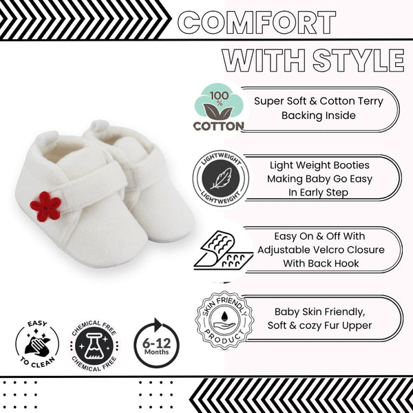 Baby Unisex Velboa White,Red Floral Velcro Booties-BT5661