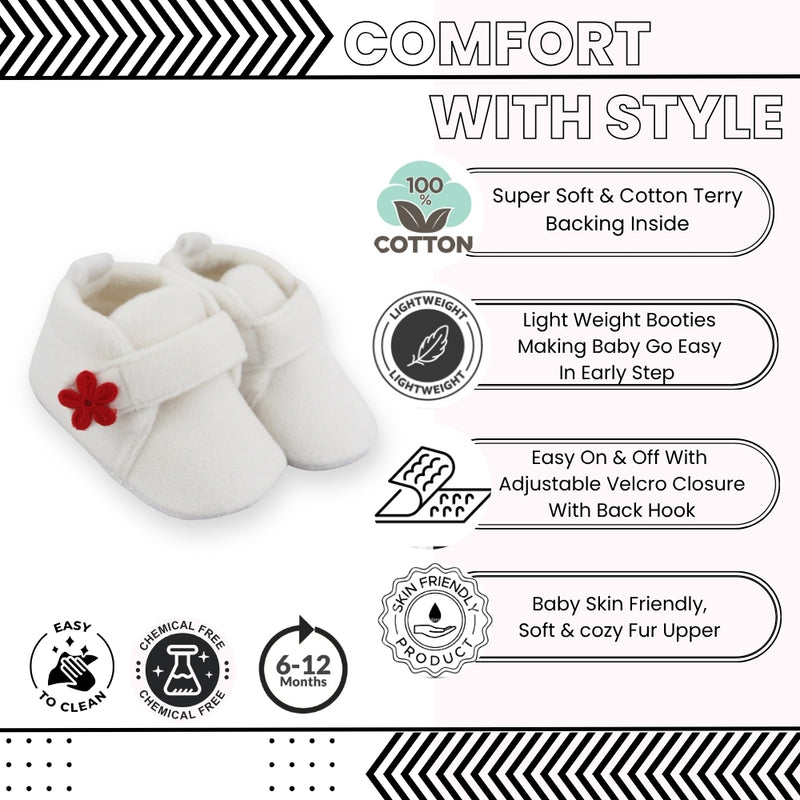 Baby Unisex Velboa White,Red Floral Velcro Booties-BT5661